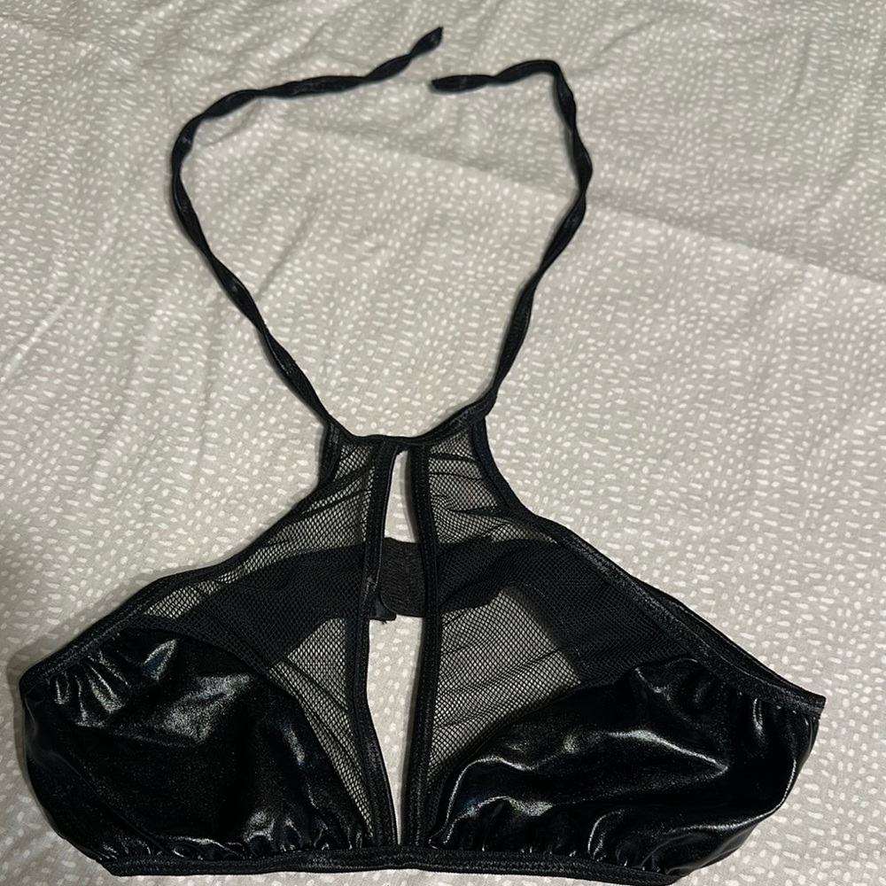 Black Glossy Halter Bra with Cut-Out Design
